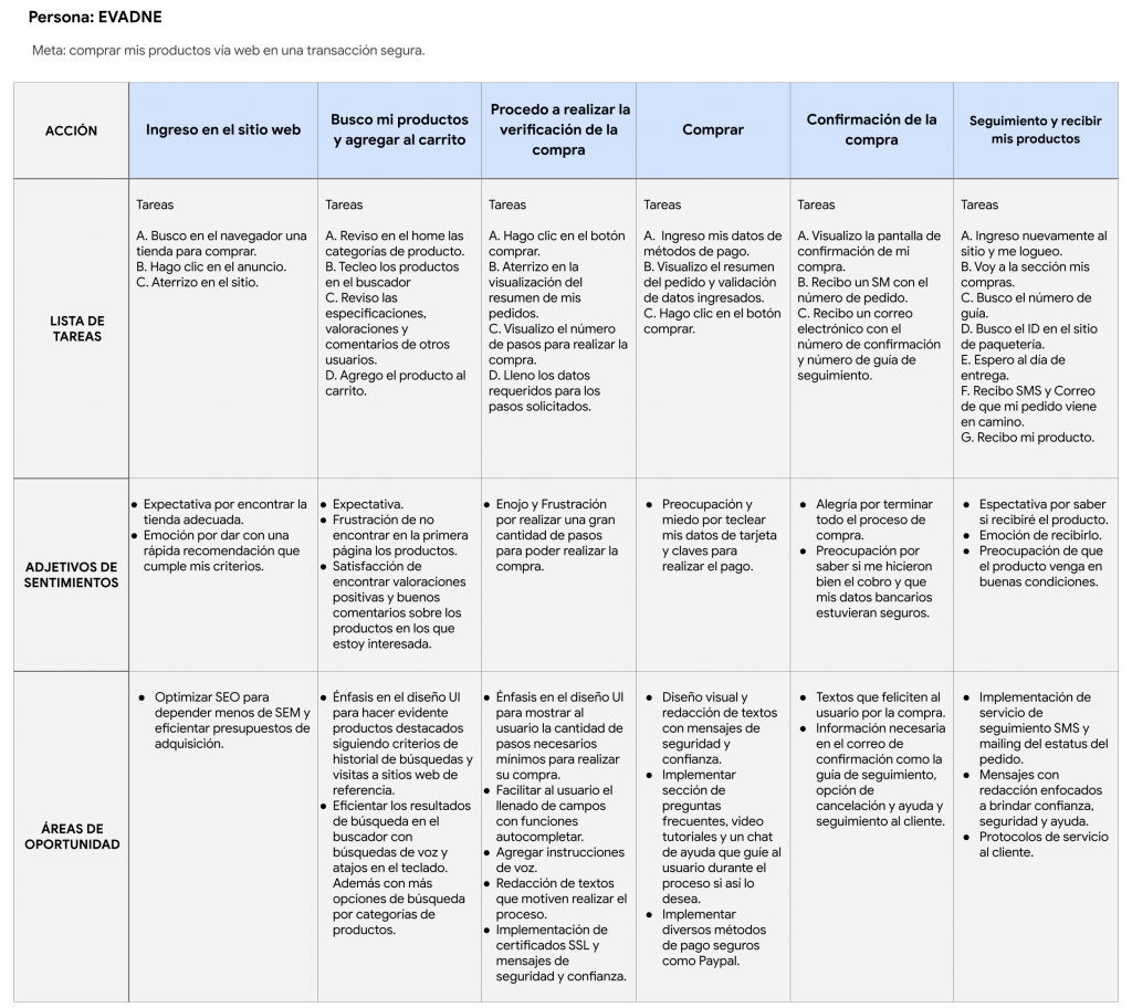 User journey map Evadne