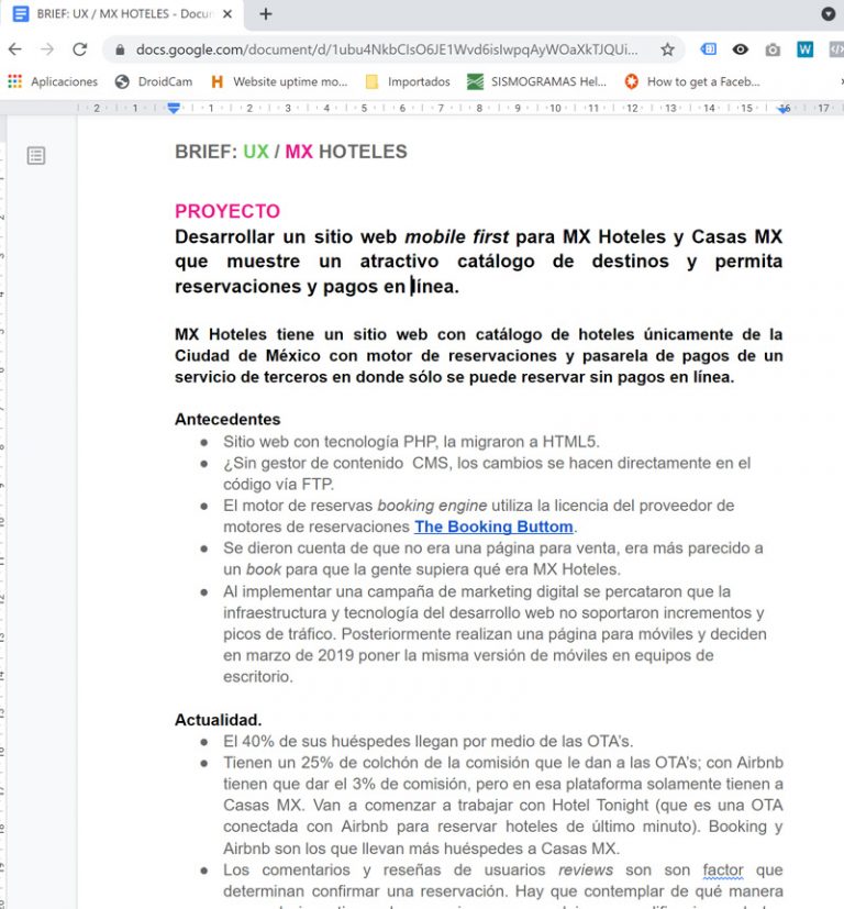Brief para el proyecto UX de hoteles MX